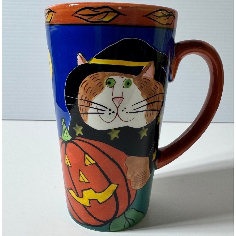 Catzilla Candace Reiter Halloween Cat Pumpkin Latte Mug Hand Painted Large 6in